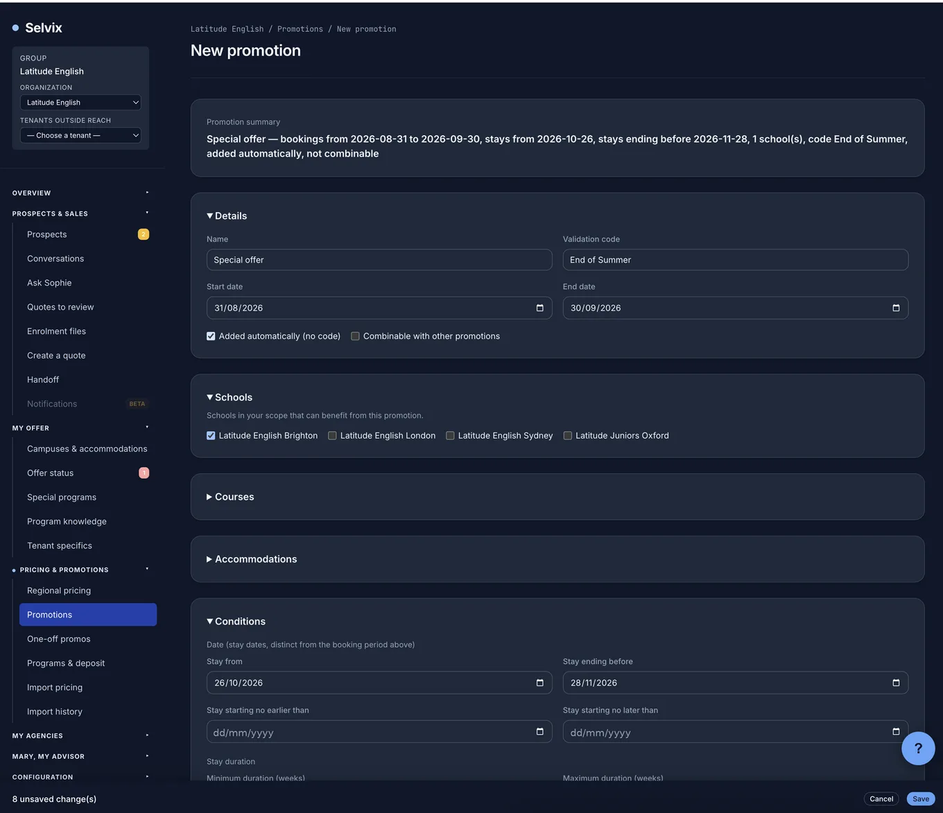Promotion creation screen in the console: period, schools and conditions