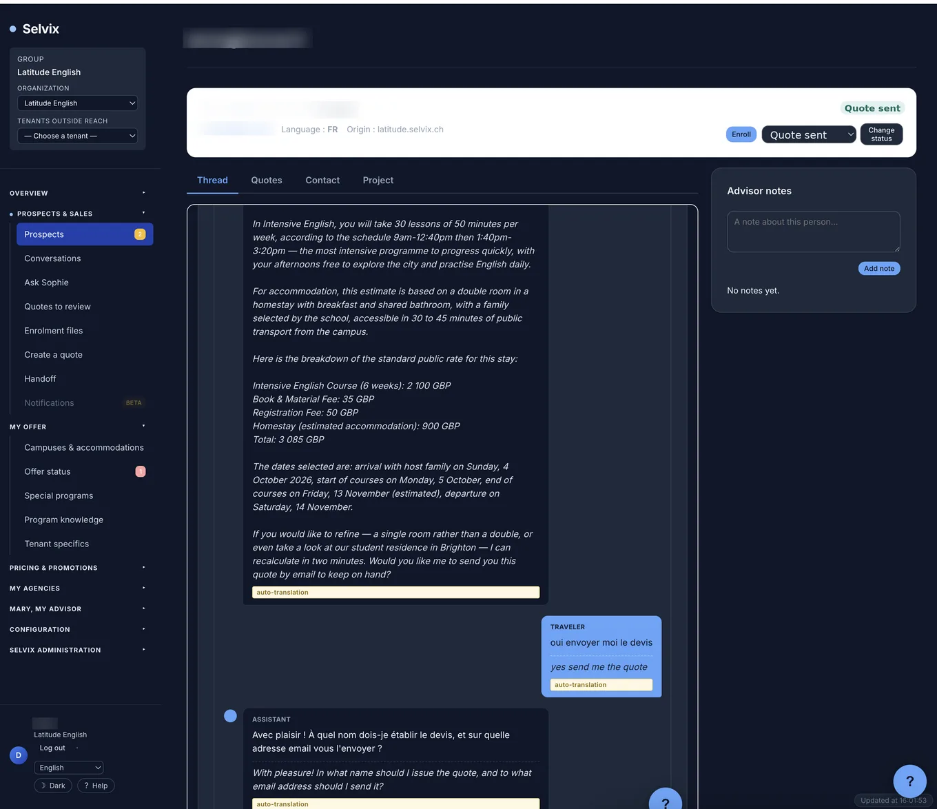 Prospect file in the console: subtitled conversation thread and quote sent