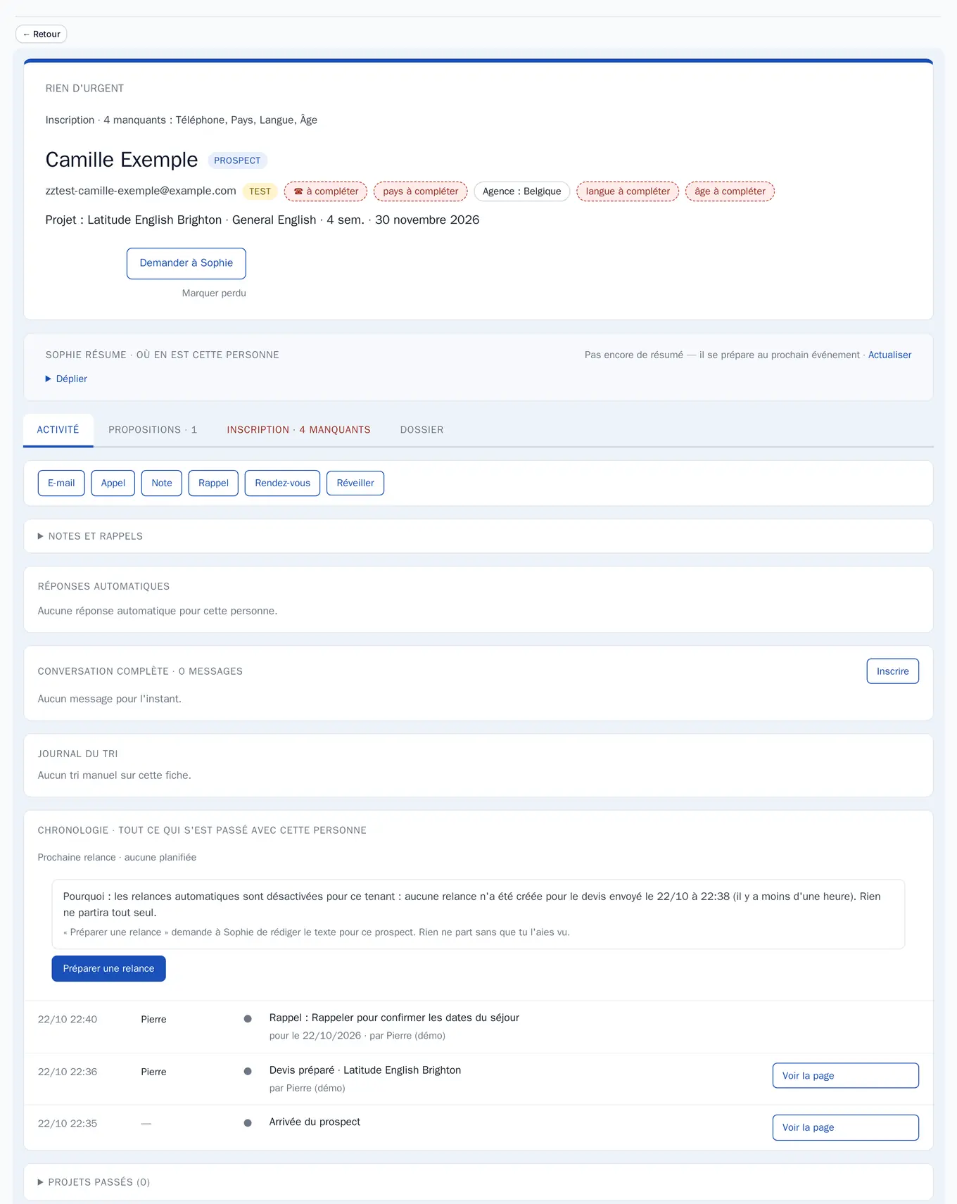 A prospect’s file in the console, in French: their details, the full thread subtitled in the team’s language, and the quote sent