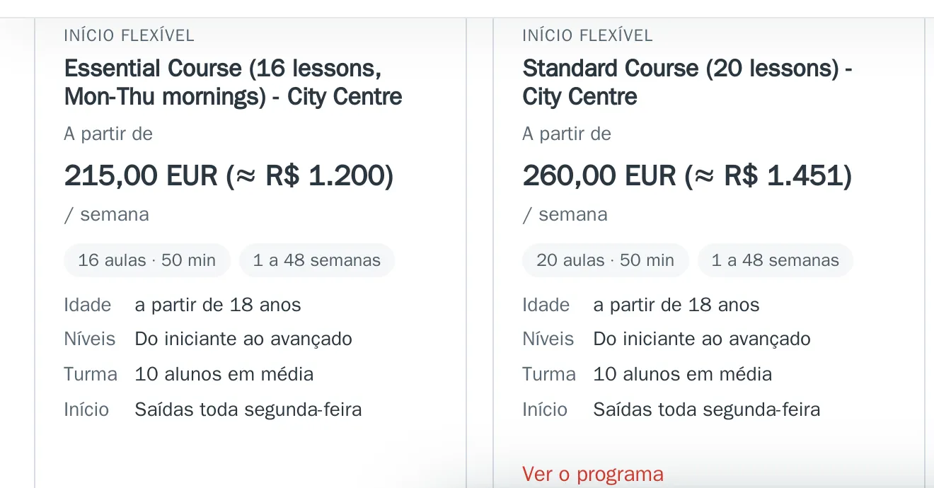 Good Hope Studies page, Brazilian Portuguese version: courses and reference prices in euros, with the Brazilian real equivalent