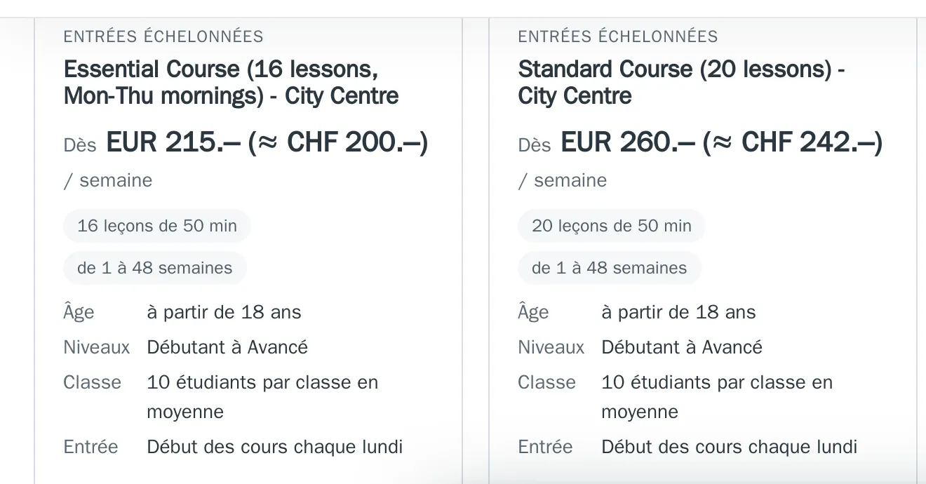 Good Hope Studies page, Swiss French version: courses and reference prices in euros, with the Swiss franc equivalent